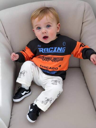 SHEIN Baby Boys' Racing Car & Letter Print Long Sleeve T-Shirt, Suitable For Everyday Wear