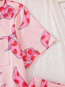 2pcs/Set Girls' Cute Pink Heart & Bow Print Short Sleeve Top And Wide Leg Pants Pajama Set,Collared Button-Up Shirt,Summer Sleep Casual Homewear - Multicolor - View 5