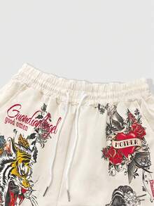 ROMWE MEN Anime Men's Floral And Animal Print Drawstring Waist Casual Shorts - Multicolor - View 3