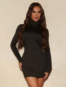 SHEIN Unity Vestido de mujer de cuello alto y espalda descubierta con decoración de anillo, de unicolor y estilo sencillo para otoño - Negro - Ver 4