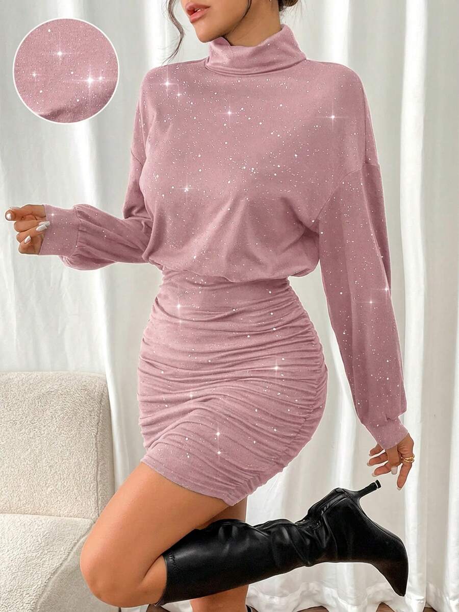 SHEIN Frenchy 女士纯色褶皱领优雅长袖迷你连衣裙 - 粉色 - 查看 1
