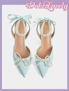 Dola Lovely Giày cao gót mũi nhọn đính nơ và ngọc trai giả dành cho nữ, kiểu dáng thời trang đa năng, thích hợp mang hàng ngày. - Màu xanh lam - Xem 11