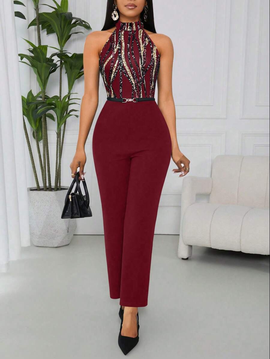 Lyxana 女士优雅印花露背连体裤 - 酒紅色 - 查看 1