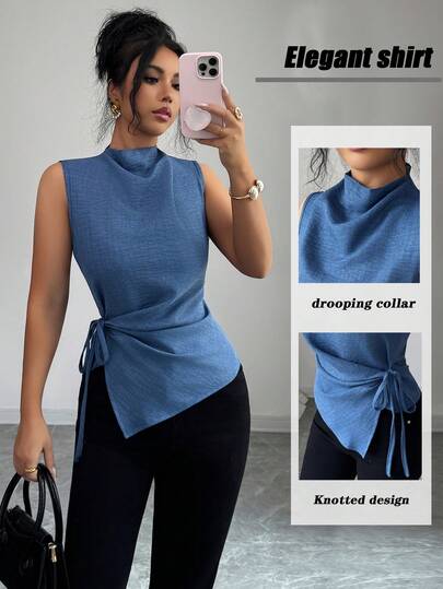 Elenzga Blusa asimétrica plisada sin mangas elegante para mujer, de tela vaquera informal con cuello alto, estilo elegante, camisa azul de moda para primavera/verano