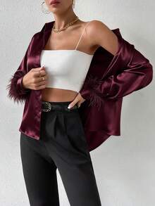 Chiquease Women's Casual Patchwork Fuzzy Cuff Button Front Shirt, Autumn - Burgundy - View 3