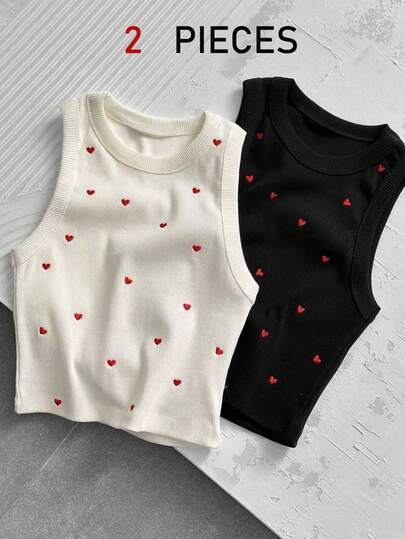 Resyla Blusa de punto casual sin mangas con cuello redondo y bordado de corazón para mujer