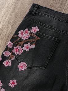 Manfinity Joysei 男士街头时尚梅花刺绣水洗阔腿牛仔裤，垃圾摇滚 - 黑色 - 查看 5