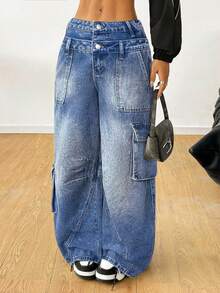 SHEIN Teen Girls' Fashion Loose Fit Multi-Pocket Denim Jeans - Dark Wash - View 5