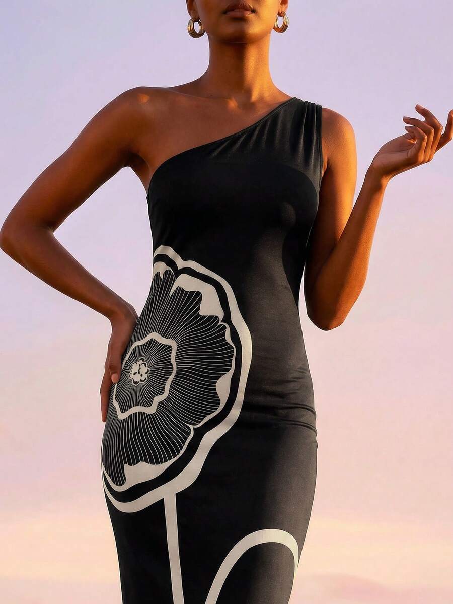 CAJUNI Women's Floral Print Ruched Casual Date Party Dress - Black - View 1