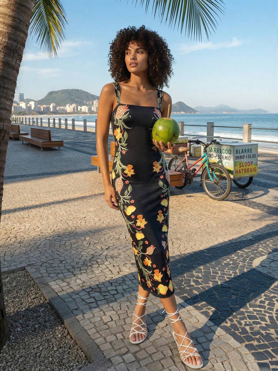 CAJUNI Women's Floral Print Fitted Vacation Dress With Thick Straps - Black - View 1