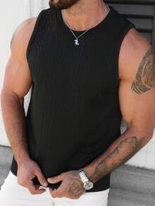 Manfinity CasualCool Men's Comfortable Jacquard Fabric Round Neck Tank Top, Suitable For Men's Leisure, Party, Daily Dating, Simple Office Wear, Can Be Worn Alone Or Paired With Casual Outfits, Best-Selling Yamamoto Tank Top, Suitable For Self-Wear Or Gift To Friends - Black - View 7
