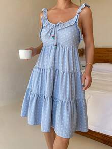 DAZY Vacation Style Sweet Striped Floral Ruffle Trim Camisole Women Nightgown - Blue - View 3
