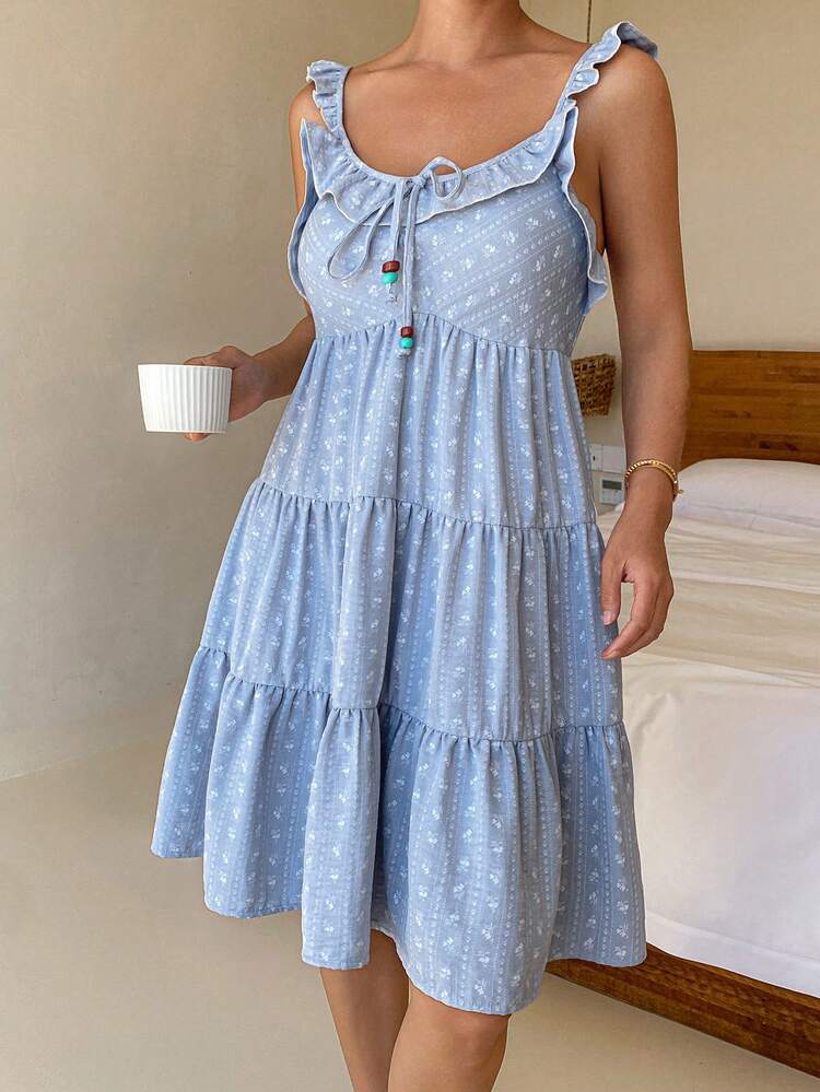 Vacation Style Sweet Striped Floral Ruffle Trim Camisole Women Nightgown