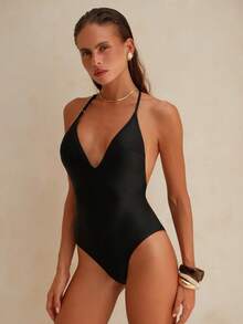 Swim Chiccia 1 bộ áo tắm liền thân nữ gợi cảm, thoải mái, tối giản, thanh lịch, màu trơn, kiểu buộc dây cổ, hở lưng, thích hợp cho kỳ nghỉ xuân/hè. - màu đen - Xem 5