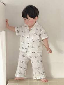 DAZY 2 piezas Conjunto de camisa con cuello y pantalones con estampado de dibujos animados para niños pequeños, ropa cómoda para el hogar - Blanco - Ver 7