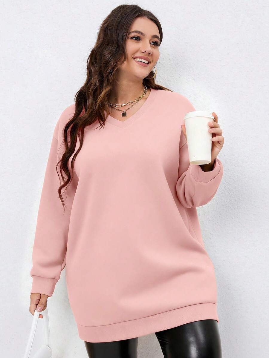 SHEIN Tall CURVE 大码女式休闲V领长袖卫衣,高个款 - 粉色 - 查看 1