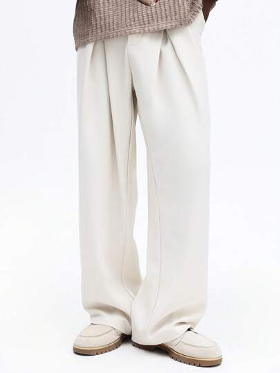 SUMWON Men Relaxed Fit Pleated Wide Leg Casual Pants Clean Waist Loose Formal Trousers Office Work Business Professional