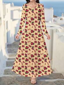 Al Najma Váy dài tay dệt kim họa tiết hoa cổ chữ V thanh lịch màu vàng dành cho quý cô mùa xuân/thu, thích hợp cho các buổi hẹn hò, kỳ nghỉ, trang phục hàng ngày, thường ngày, tiệc tùng, lễ hội, váy, váy dài mùa thu dành cho quý cô, váy dài thướt tha, váy maxi hoa/váy cổ điển, váy họa tiết thực vật, váy màu vàng - Màu vàng - Xem 5