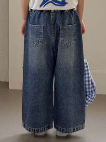 DAZY 女童（小号）休闲水钻装饰宽松牛仔裤 - 深色水洗藍 - 查看 5
