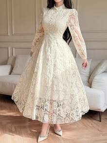 DAZY Đầm ren cổ đứng tay phồng đính cườm thanh lịch dành cho nữ, thích hợp làm đầm dự tiệc cưới mùa xuân/hè. - Màu be - Xem 3