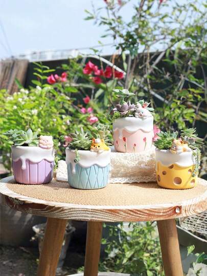 1pc Creative Cartoon Succulent Flower Pot Ornament Garden Decoration Landscape Potted Plant Flower Container Cute Office Desk Pen Holder