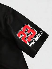 Manfinity Campus Court 男士休闲字母印花短袖T恤，夏季 - 黑色 - 查看 5