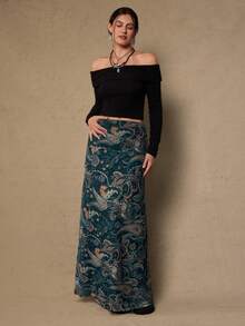 Freevana 大码休闲波西米亚复古西部风佩斯利花纹和腰果花印花百搭棕色针织半身裙，适合秋冬季穿着。 - 綠色 - 查看 5