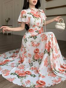 Modelyn Women's Ruffle Collar Tie Waist Flare Hem Dress With Puff Sleeves - Pink - View 5