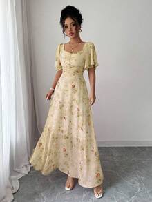 Modelyn Women's Chiffon Butterfly Printed Batwing Sleeve Pleated Sweet French Style Summer Dress - Light Yellow - View 6