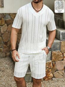 VENTUSAIL Men's Beach Vacation Casual V-Neck T-Shirt & Shorts Set - Apricot - View 6