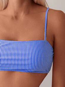 Swim Basics Women's Casual Sexy Random Print Striped Bandeau Top And High Waist Bikini Bottoms 2-Piece Swimsuit Set, Spring/Summer Vacation Bikini Set Stripe Bikini - Blue and White - View 6