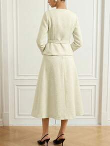 Aveloria Rosie 女士优雅法式长袖单排扣外套和A字中长裙套装，晚礼服 - 米色 - 查看 2