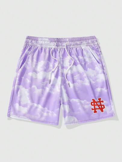 ROMWE MEN Street Life Spring/Summer Casual Graphic Men'S Summer Casual Beach Vacation Cloud & Letter Print Drawstring Waist Shorts