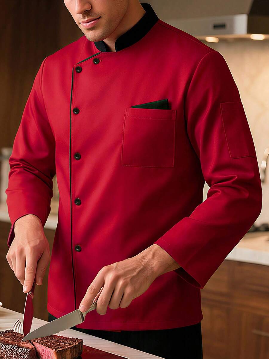 Manfinity Homme Áo sơ mi đầu bếp nam tay ngắn có túi, phối màu tương phản, áo khoác đầu bếp nam, áo đầu bếp màu đỏ kiểu Trung Quốc cho nam, đồng phục công sở unisex, đồng phục tiệm bánh, áo khoác đầu bếp khách sạn màu đỏ, đồng phục nhà bếp màu đỏ cho nam. - Đỏ - Xem 1