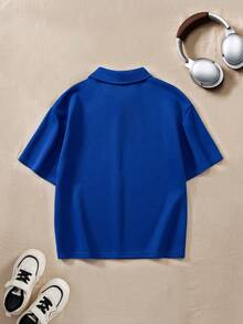 Casuvi Kids Oversized Relaxed Fit Collegiate Sports Style Polo Shirt For Tween Boy, Dropped Shoulder, Print On Hem, White Woven Label On Front Hem, Suitable For School, Light Sports, Weekend Leisure Streetwear Teens Boys Polos Solid Color Tops Kids - Blue - View 5