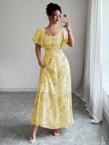 Modelyn Vestido de verano de mujer de estilo francés dulce con manga de murciélago, estampado de mariposa, plisado y de gasa - Amarillo - Ver 8