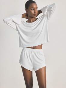 Ocili Women's Solid Color Crew Neck Long Sleeve Top And Shorts Pajama Set