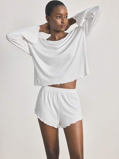 Ocili Women's Solid Color Crew Neck Long Sleeve Top And Shorts Pajama Set