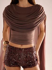 Avenya Draped Neck Ruffle Tie Shoulder Shiny Knit Top - Brown - View 2