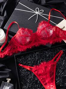 Set de 2 piezas de lencería con parches de encaje burdeos maduro - Rojo - Ver 4