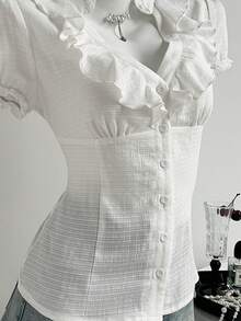 Elamini 女士白色V领荷叶边修身泡泡袖衬衫 - 白色 - 查看 3