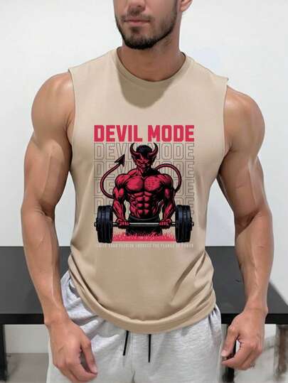 Hombre deportivo moderno sin mangas estampado demonio creativo tela ligera ajuste atlético primavera verano gimnasio entrenamiento playera