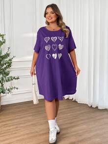 SHEIN CURVE+ 大码爱心印花针织弹力A字连衣裙 - 紫色 - 查看 3