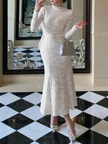 DAZY Women's Floral Lace Collar Long Sleeve Fitted Dress With Mermaid Hem, Elegant - White - View 6