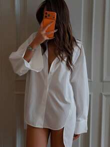 DAZY Women's Pointed Collar Button Up Casual Loose Versatile Long Sleeve Blouse - White - View 6