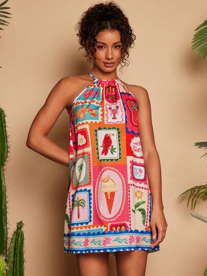 Travachic Women's Summer Ocean Pattern Vacation Beach Halter Dress,Tropical Parrot Pattern,Suitable For Summer Vacation,Summer Dress,Summer Outfits,Summer Dresses For Women,Beach Outfits For Women,Beach Vacation Outfits For Women,Vacation Outfits Women, Casual Dresses For Women