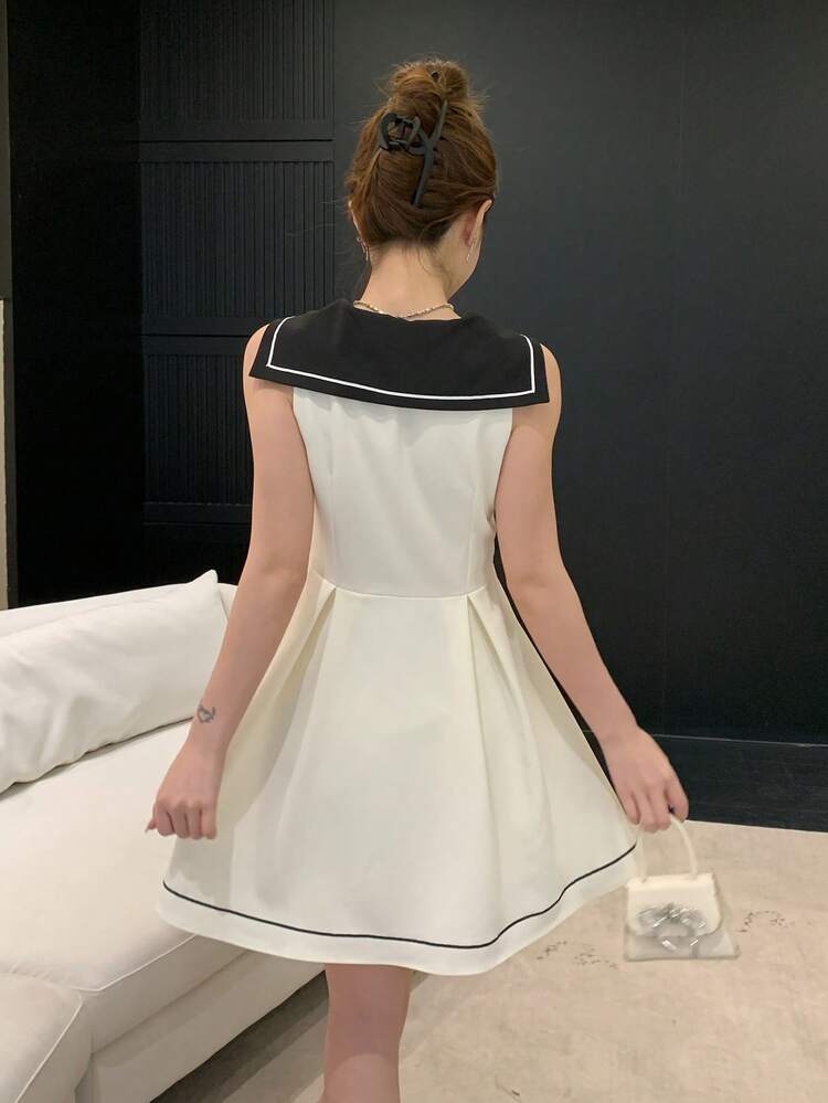 Women's Elegant Contrast Color Patchwork Collar Tie Sleeveless Mini Dress, Summer Wedding Guest Dress Sundress