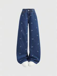SHEIN 2件套少女蝴蝶结装饰蓝色牛仔无袖背心和宽松裤子 - 深色水洗藍 - 查看 12
