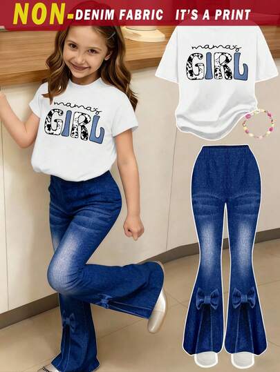 2pcs/Set Girls Toddler T-Shirt & Flare Pants Outfit, Denim Print Bow Decor, Letter Graphic, Cute & Lively, Versatile All-Match Casual Wear, Suitable For Outings, All Seasons Girl Jeans Set Girls Denim Sets Bell Bottoms Girl 2 Piece Set 3 Pcs Set Girls Cool Girls Bell Bottom Outfit