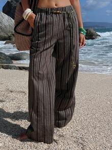 Livesso Striped Woven Waist Belt Casual Women Pants - Coffee Brown - View 5